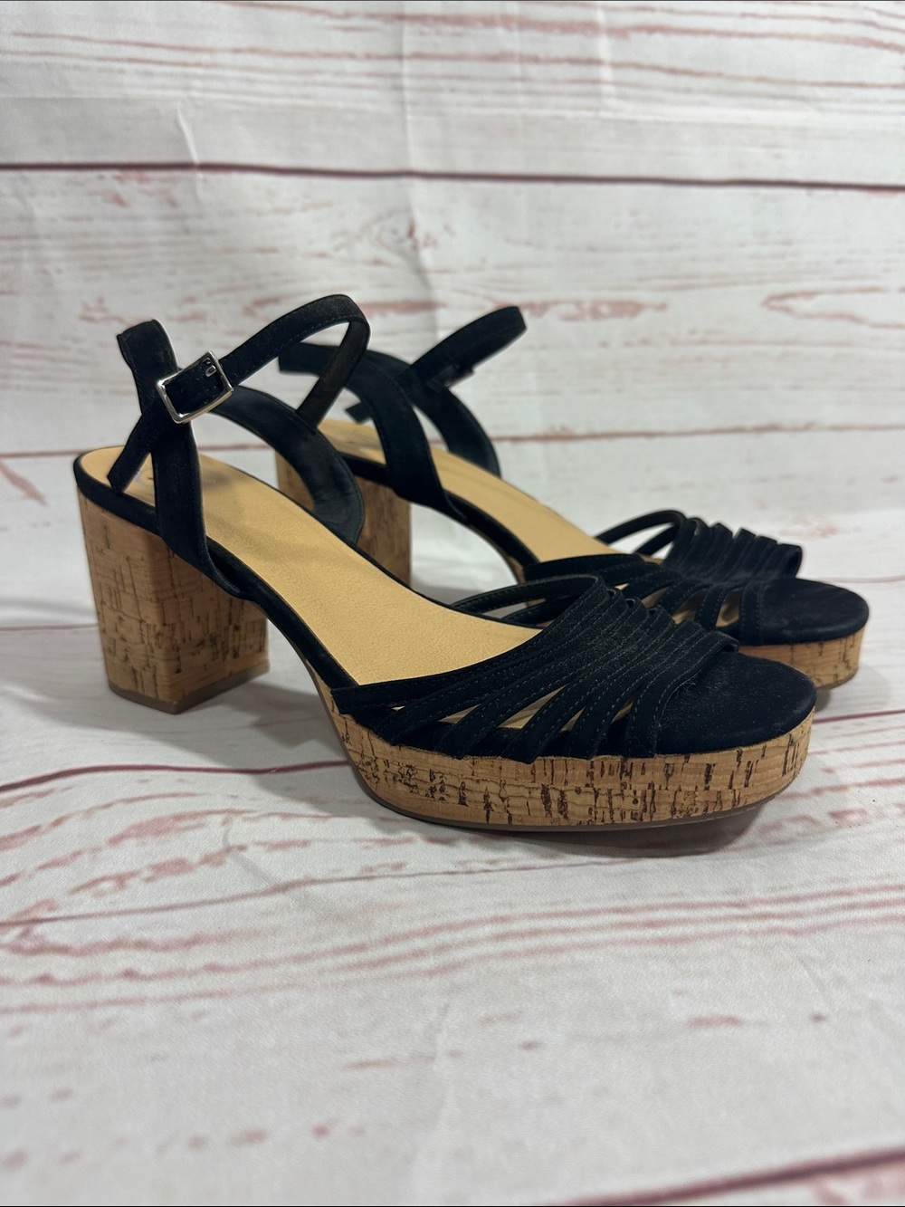 Black Cork Platform Sandals with Ankle Strap
